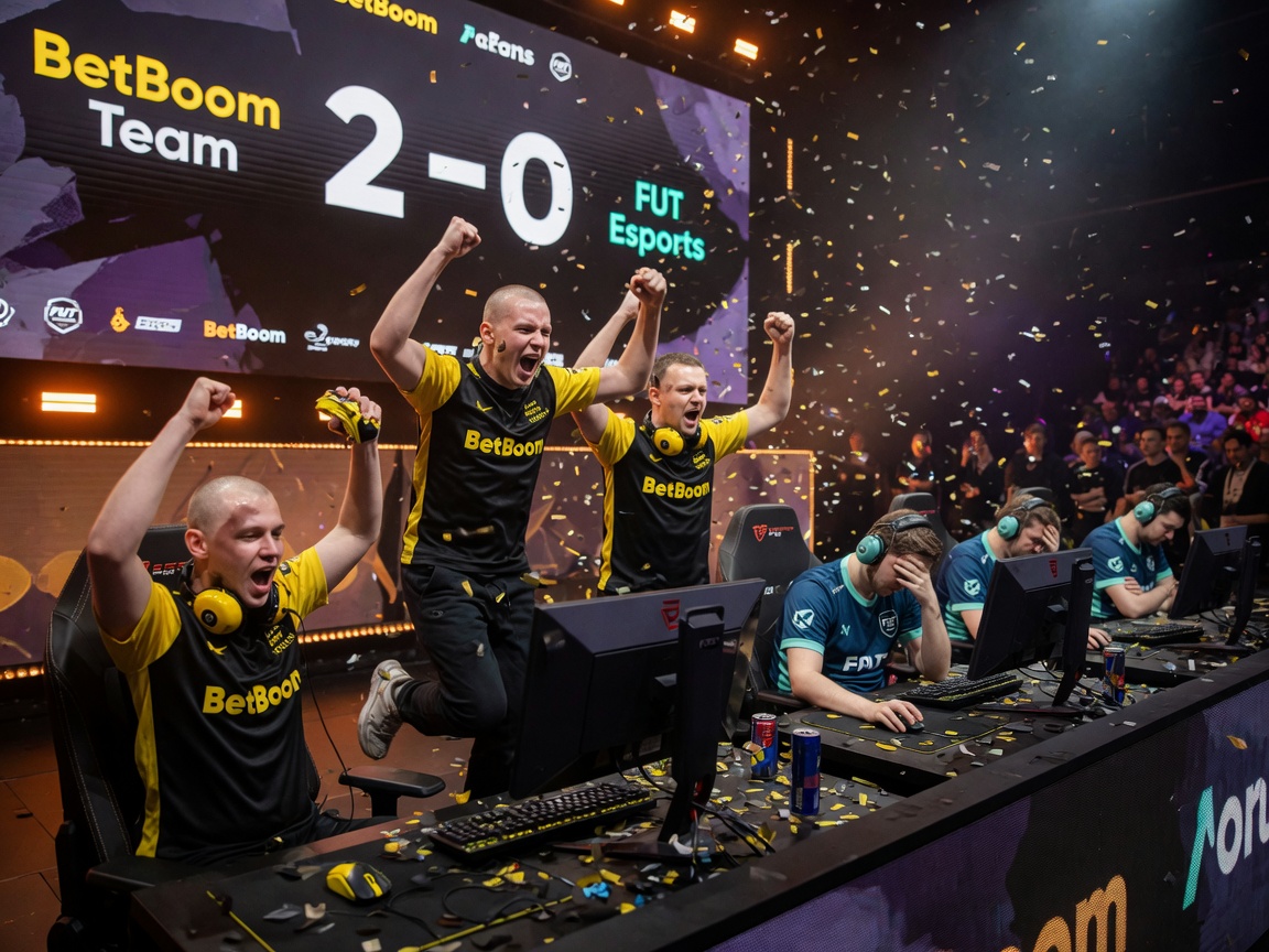 BetBoom Team celebrates a 2–0 win over FUT Esports on a brightly lit esports